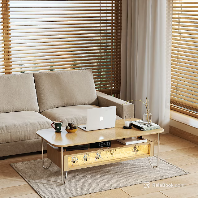 Coffee Table With Beige Sofa Laptop Coffee Mug Fruits On Wooden Floor Blinds Curtains Rug 3d model 