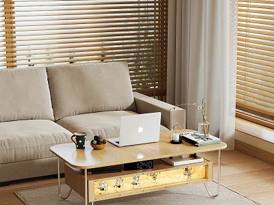 Coffee Table With Beige Sofa Laptop Coffee Mug Fruits On Wooden Floor Blinds Curtains Rug 3d model