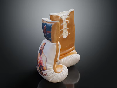 Boxing Gloves in White and Gold with a Boxer Print Design for Sports 3d model