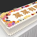 Rectangular Cake With White Frosting Decorated Colorful Cream Flowers And Fresh Fruits