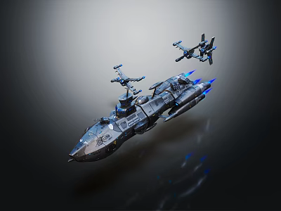 Futuristic Sci Fi Spaceship Design With Flying Drones And Blue Thruster Engines 3d model