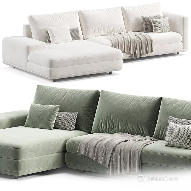 Soft Beige And Green Velvet Sectional Sofa With Cozy Pillows And Throw Blanket 3d model 