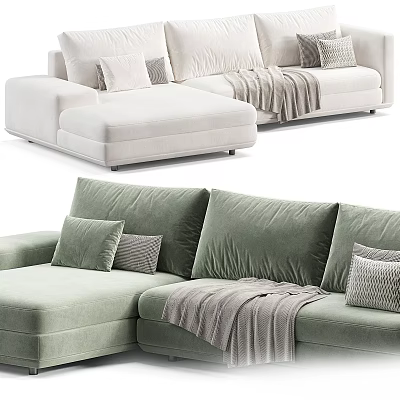 Soft Beige And Green Velvet Sectional Sofa With Cozy Pillows And Throw Blanket 3d model