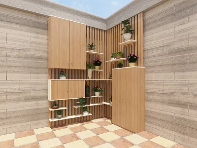 Garden Nook Design With Wooden Cabinets Shelves Potted Plants Brick Walls Checkerboard Floor Tiles 3d model
