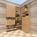 Garden Nook Design With Wooden Cabinets Shelves Potted Plants Brick Walls Checkerboard Floor Tiles