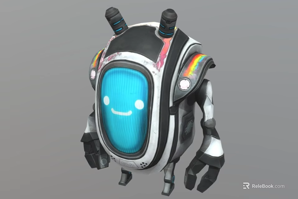Game Movie Character Robot Featuring Blue Screen Smiley Face And Black Silver Body Design 3d model 