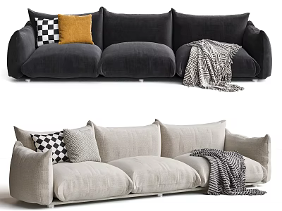 Modern Three Seater Sofa In Neutral Colors With Checkered Pillows And Knit Blanket 3d model