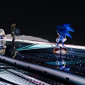 Blue Hedgehog Warrior With Shield And Sword On Starry Sky Platform With Purple Character