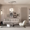 Elegant Living And Dining Room With Beige Walls Ceiling Decoration Pendant Lights Sofa Armchair Rug