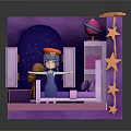 Cartoon Purple Themed Room With Star Decorations Starry Window Telescope And Cartoon Character On Bed