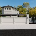 Detached Villa With White Exterior Black Roof Wrought Iron Gate Surrounded By Trees