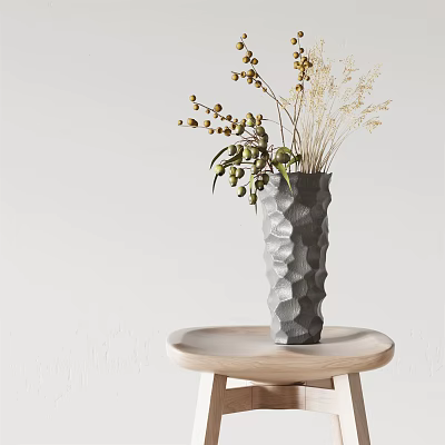 Gray Textured Ceramic Vase With Green And Brown Natural Flowers On Light Wooden Round Table 3d model