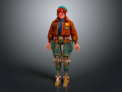 Game Movie Character With Red Hair Green Cap Brown Jacket And Mechanical Leg Gear 3d model