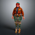 Game Movie Character With Red Hair Green Cap Brown Jacket And Mechanical Leg Gear
