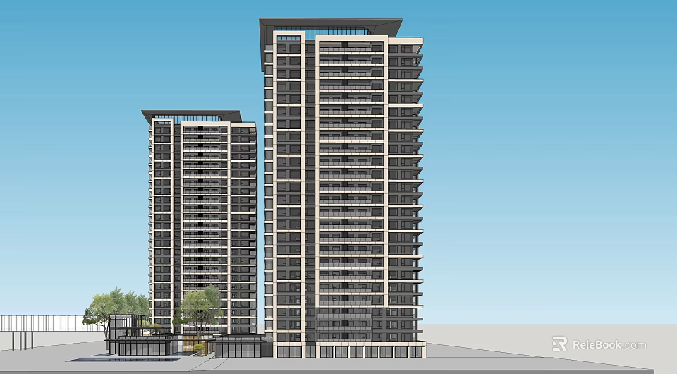 Two Modern Residential High Rise Buildings With Balconies Low Rise Structures Trees And Blue Sky 3d model 