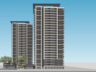 Two Modern Residential High Rise Buildings With Balconies Low Rise Structures Trees And Blue Sky 3d model
