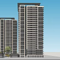 Two Modern Residential High Rise Buildings With Balconies Low Rise Structures Trees And Blue Sky