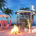 Vibrant Summer Better Life Festival Scene With Palm Trees Sun Loungers And Fire Pit