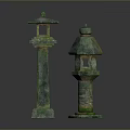 Ancient Green Bronze Lanterns With Traditional Tower Structure And Ornate Hollowed Details