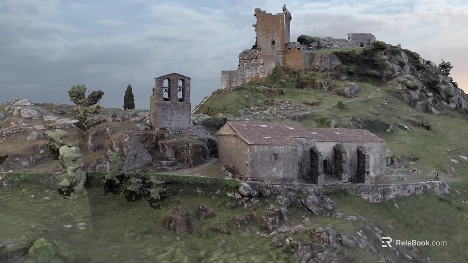 Scenic Ancient Castle Ruins On Green Hill With Stone Architecture And Trees 3d model 