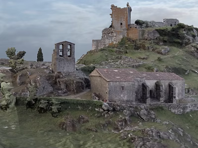 Scenic Ancient Castle Ruins On Green Hill With Stone Architecture And Trees 3d model
