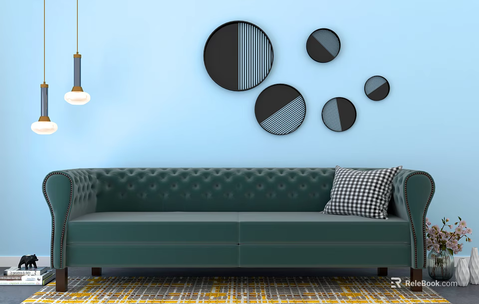 Green Leather Tufted Sectional Sofa With Checkered Pillow Light Blue Wall Circular Decor Patterned Rug 3d model