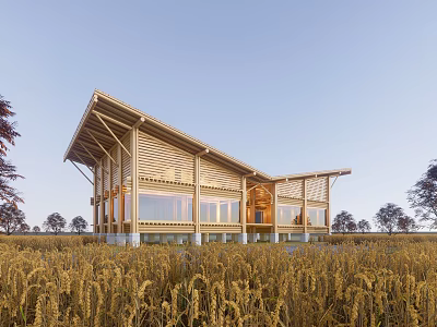 Wooden Homestay Building With Large Windows Sloped Roof In Golden Wheat Field Surrounded By Trees 3d model