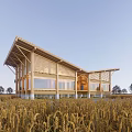 Wooden Homestay Building With Large Windows Sloped Roof In Golden Wheat Field Surrounded By Trees