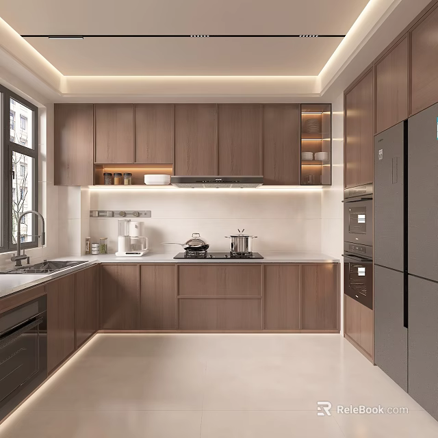 Modern Kitchen Interior With Wooden Cabinets White Countertop And Built In Appliances 3d model 