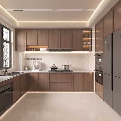 Modern Kitchen Interior With Wooden Cabinets White Countertop And Built In Appliances 3d model
