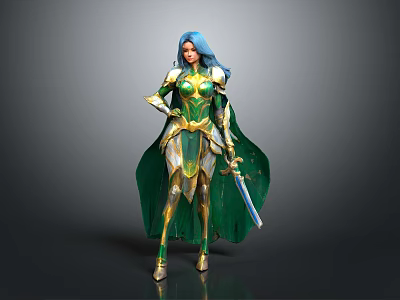 Blue haired woman in green and gold armor with cloak holding sword against gray background 3d model
