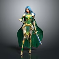 Blue haired woman in green and gold armor with cloak holding sword against gray background