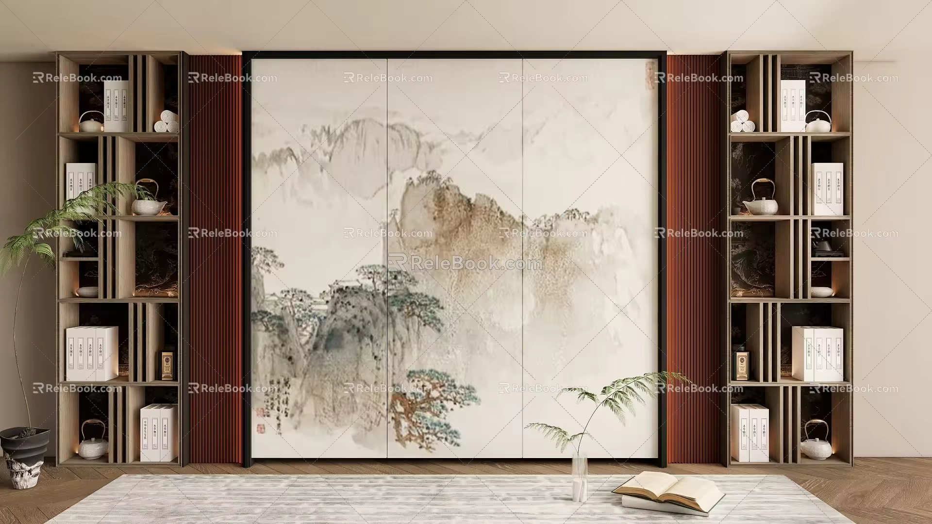 New Chinese bookcase background wall Decorative bookcase background wall 3d model