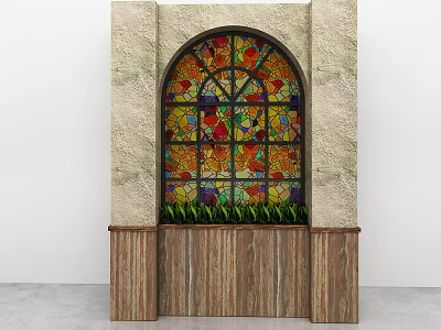 Colorful Stained Glass Window Set In Stone Wall With Wooden Base And Green Plants 3d model