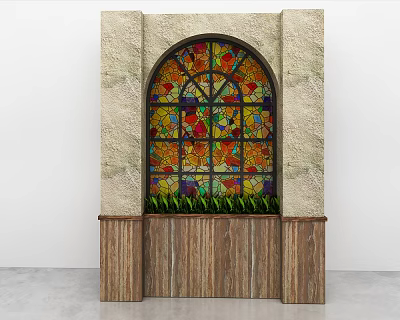 Colorful Stained Glass Window Set In Stone Wall With Wooden Base And Green Plants 3d model