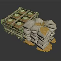 Wooden Crate With Clay Pots And Stacked Sacks Of Spilled Grains