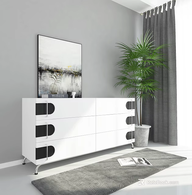 White Entryway Console Table With Black Accent Drawers Palm Plant Decorative Painting And Rug With Magazines 3d model 