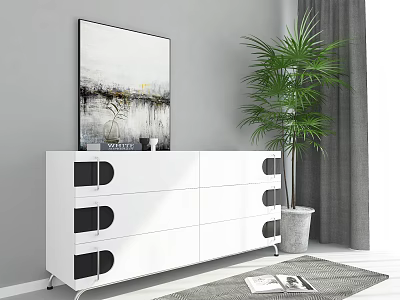 White Entryway Console Table With Black Accent Drawers Palm Plant Decorative Painting And Rug With Magazines 3d model