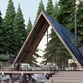 Rustic A Frame Villa Surrounded By Pine Trees Stream Rocks And Wooden Deck With Campfire 3d model