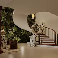 Luxurious Spiral Staircase Interior With Green Plant Wall Statues Columns And Hanging Lamp