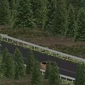 Municipal Road With Moving Car Lined By Trees And Guardrails At Dusk
