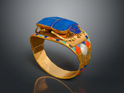 Elegant Golden Bracelet With Blue Beetle Decor And Colorful Inlays 3d model