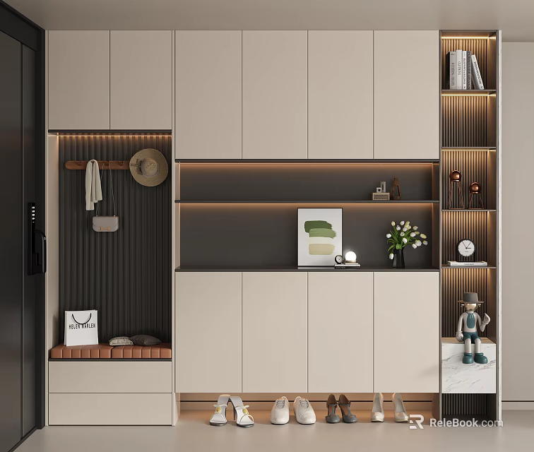 Modern Shoe Cabinet Design With Storage Bench Coat Hanger And Decorative Lighting 3d model 