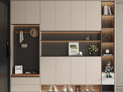 Modern Shoe Cabinet Design With Storage Bench Coat Hanger And Decorative Lighting 3d model