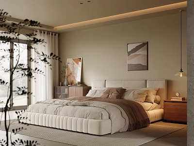 Modern Bedroom Interior With Cozy Bed Nightstand Decorative Art And Large Window Curtains 3d model