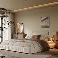 Modern Bedroom Interior With Cozy Bed Nightstand Decorative Art And Large Window Curtains