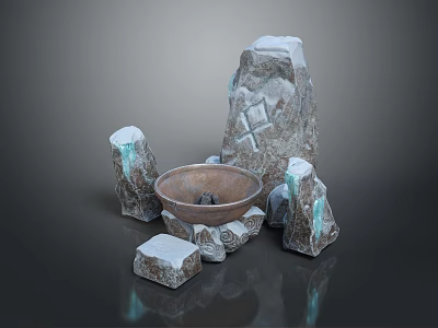 Snow Covered Rocks With Blue Luminous Glow And Fire Bowl Natural Landscape 3d model