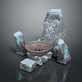 Snow Covered Rocks With Blue Luminous Glow And Fire Bowl Natural Landscape