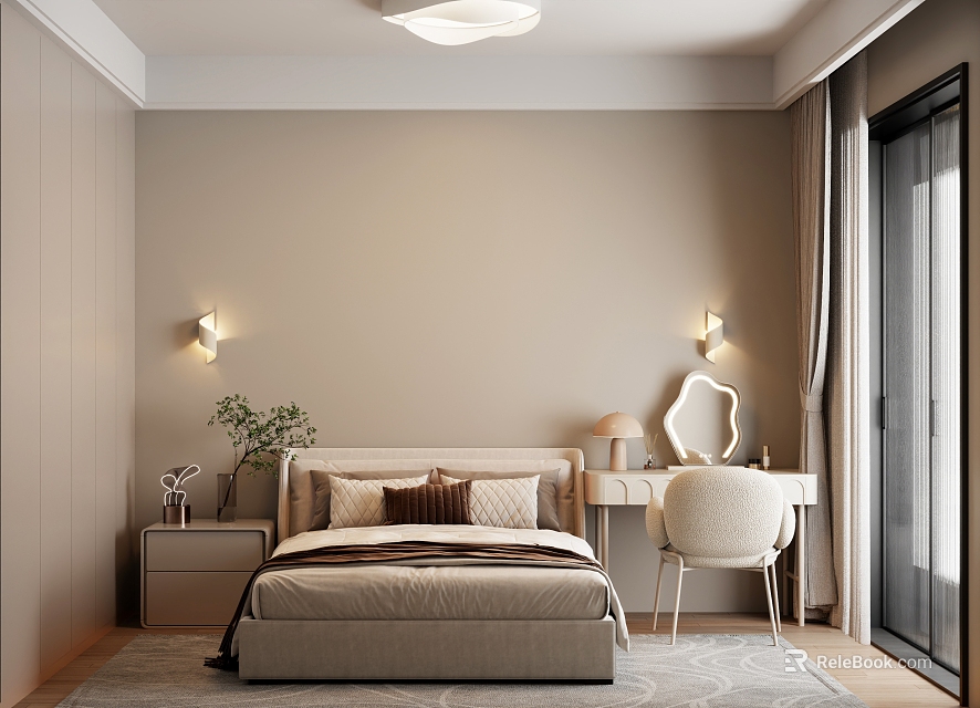 Cozy Beige Bedroom With Upholstered Headboard Wall Sconces Round Mirror Dressing Table And Potted Plant 3d model 