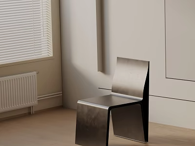Sleek Modern Metal Dining Chair In Minimalist Interior With White Wall And Wooden Floor 3d model